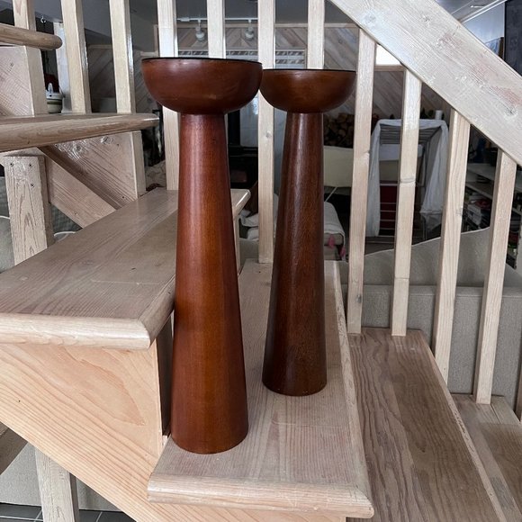 Crate&Barrel Other - Set Of 2 Crate & Barrel Wood Candleholders Made in India H17.5” XW4'' Brown